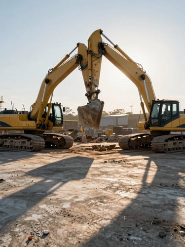 Extreme wide environmental shot of an active industrial construction site during early morning, long shadows casting over raw concrete foundations, heavy machinery in motion