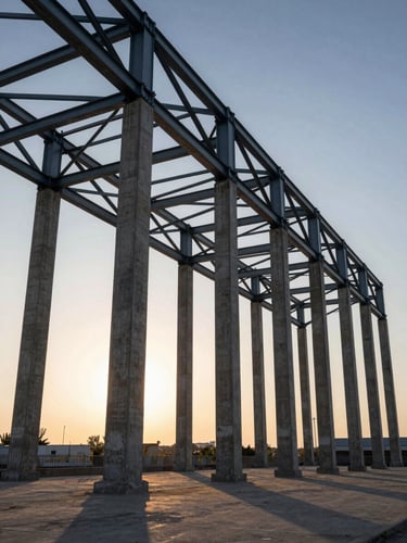 High-contrast wide shot of a massive steel framework at dawn, raw concrete pillars, early morning shadows emphasizing structural scale.