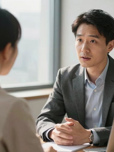 A close-up of a professional mentor discussing career strategy with a candidate in a bright, sunlit office