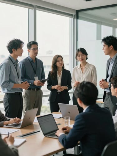 Medium-wide environmental shot of diverse corporate professionals collaborating in a bright, modern glass-walled office with soft natural daylight.