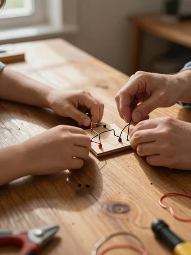Close-up wide shot from the left edge — a child's hands and an adult's hands together assembling a small wooden and wire circuit on a rough wooden table, natural window light raking across the surface from the left, tools and wire scraps visible at the edges of the frame, warm ochre-toned ambient light, no faces, the work is the subject