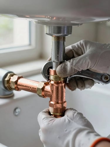 Close-up of gloved hands tightening a copper pipe fitting under a sink, wrench gripped firmly, natural window light catching the metal, water droplets visible on the pipe surface