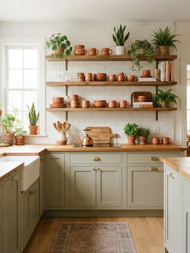 Straight-on architectural shot of a sunlit kitchen with organized open shelving, warm terracotta mugs, botanical green plants, high-key natural light, 35mm