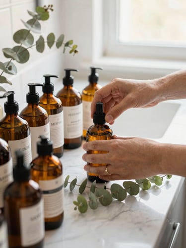 Close-up of hands arranging amber glass bottles of natural cleaning formulas next to fresh eucalyptus leaves on a bright marble countertop, warm daylight, 35mm