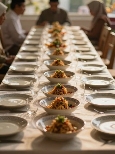 Wide environmental shot of a long table set for a Malay celebration, ceramic dishes arranged with natural light streaming from the right, warm golden tones, soft bokeh background, documented not staged