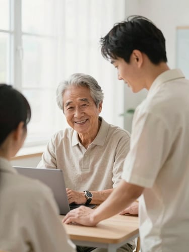 Over-the-shoulder shot of a patient instructor guiding a smiling senior student on a laptop, soft natural window light, cream and slate tones, 35mm