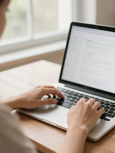 Over-the-shoulder shot of hands on a laptop keyboard, warm natural window light, clean and welcoming home office setup, shallow depth of field, 35mm