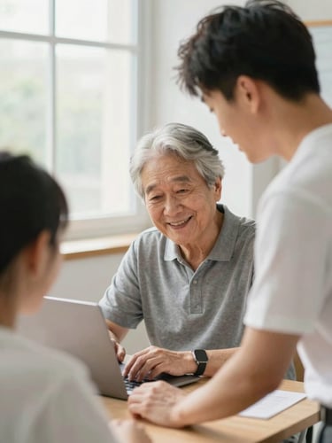 Over-the-shoulder shot of a patient instructor guiding a smiling senior student on a laptop, soft natural window light, warm tones, 35mm