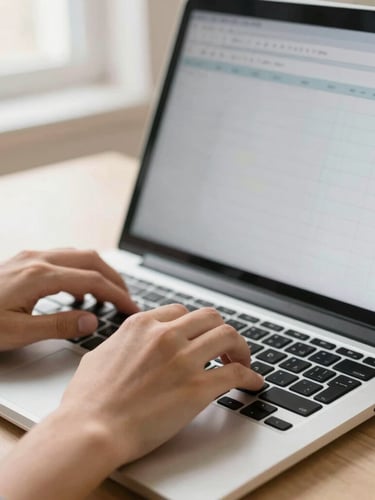 Close-up of hands typing on a laptop keyboard, clear screen showing a simple spreadsheet, warm morning daylight, clean desk setup, shallow depth of field