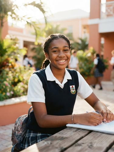 A warm editorial portrait of a young Bermudian student smiling in a sunny school courtyard, bright natural morning sunlight, shallow depth of field.