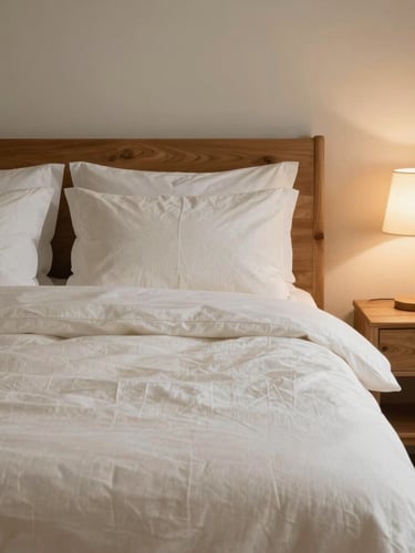 Straight-on eye-level shot of a neatly made, simple bedroom setup with soft cream linens, a natural wood bedside table, and a warm bedside lamp casting soft light.