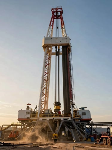 Extreme wide shot of a massive heavy drilling rig operating at golden hour on a civil engineering site, dust particles illuminated by sunlight, high-contrast industrial composition