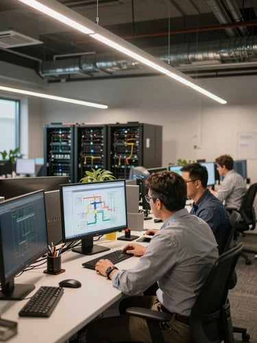 Wide environmental shot of a modern engineering floor in an Austin office, two professionals in focused conversation over a workstation displaying infrastructure diagrams, warm tungsten light from overhead fixtures, server racks visible in the background depth, shot from a slight angle to show workplace scale