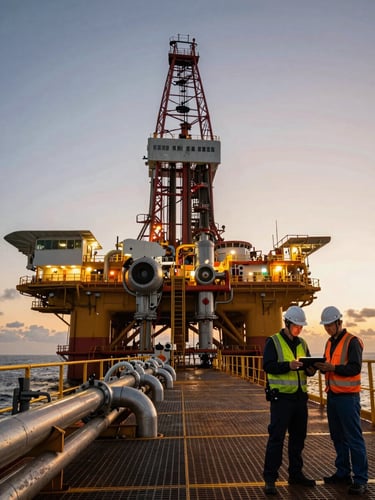 Wide environmental shot of an offshore drilling platform at dusk, warm amber light catching steel grating and pipe manifolds, two engineers in hard hats reviewing a tablet in the right foreground, expansive industrial scale visible