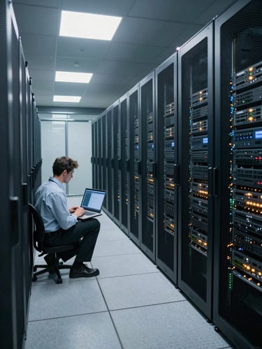 Wide-angle shot of an enterprise data center corridor, rows of illuminated server racks receding into the background under cool overhead lighting, a focused engineer with a laptop reviewing rack configurations in the left foreground