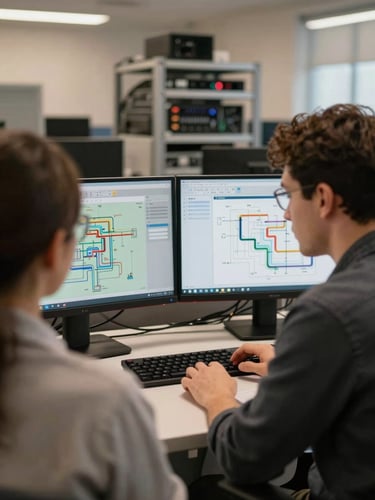 Over-the-shoulder shot of two engineers in focused collaboration at dual monitors displaying infrastructure diagrams, warm tungsten lighting in a technical office, equipment racks visible in background, natural depth of field