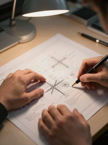 Close-up overhead view of hands reviewing a detailed technical schematic spread on a workstation, warm tungsten desk lamp casting soft directional light, engineering notations visible, shallow depth of field