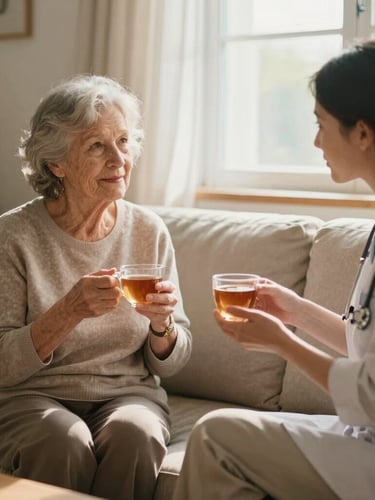 A warm, sunlit living room where an elderly woman and a caregiver sit together on a sofa, sharing a quiet moment over cups of tea. Soft natural window light, gentle muted earth tones, shallow depth of field, 35mm.