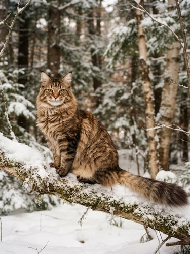 Wide panoramic New England winter forest, a majestic Maine Coon cat with prominent ear tufts and square muzzle, sitting on a snow-covered branch, soft natural window light, rich forest tones.