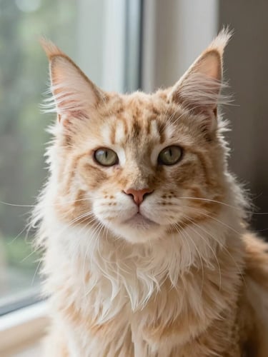 Eye-level portrait of Quentin Duke, a large cremetabby bicolour Maine Coon, looking directly at the camera, showcasing his square muzzle and prominent ear tufts, soft velvety fur, natural window light, rich forest and cream tones, shallow depth of field, 35mm.