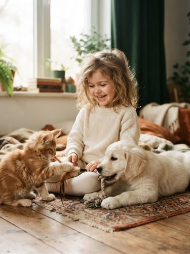 Maine Coon kittens playing gently with a child and a golden retriever puppy in warm natural window light, soft focus, 35mm