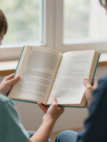 Eye-level medium close-up of a child's hands holding an open bilingual book, soft natural light, shallow depth of field, over-the-shoulder shot of a teacher guiding.