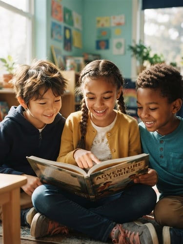 Warm, candid photo of diverse elementary school children reading together in a sun-drenched classroom, eye-level medium close-up, natural light, shallow depth of field, soft teal and navy undertones.
