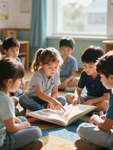 A diverse group of elementary school children, 6-8 years old, sitting together on a colorful rug in a classroom, engaged in reading a large bilingual storybook. One child points to a word, another listens intently. Warm, natural classroom light streams from a window, creating soft shadows. Shallow depth of field, 35mm.