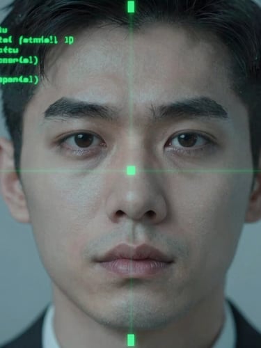 Webcam-style close-up of a focused candidate face, desaturated teals, with overlaying glowing green calibration lines and monospace scoring telemetry.