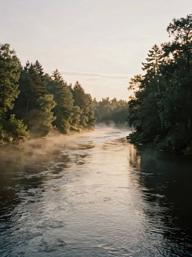 Wide shot of a peaceful Lithuanian river bend at golden hour, soft mist rising from the water, dense forest on the banks, cinematic, 35mm.