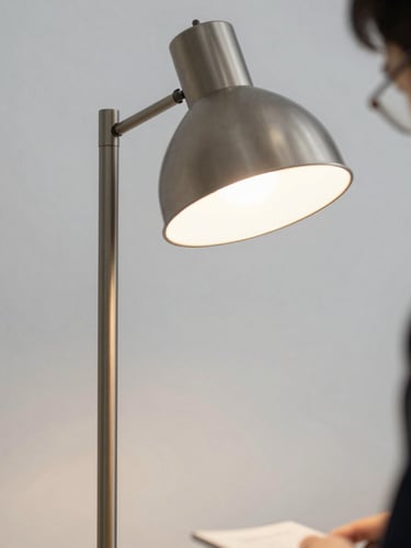 Close-up of a technician conducting safety testing on a minimalist metal floor lamp, crisp architectural lighting, 35mm
