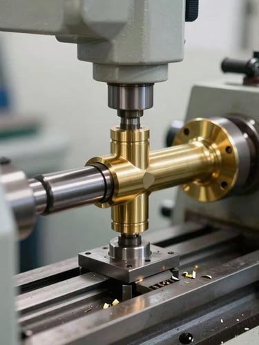 A close-up of a precision metal lathe turning a brass floor lamp joint in a clean factory workshop, bright daylight, metallic shavings, sharp focus, 35mm