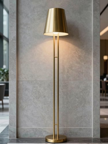 Straight-on architectural shot of a modern brass floor lamp in a luxury hotel lobby, clean lines, sharp focus, 35mm