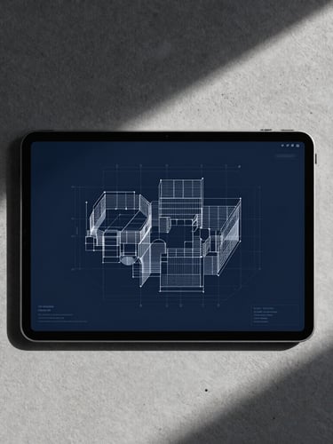 Top-down flat lay of a modern Android tablet displaying a highly structured wireframe blueprint, resting on a clean concrete drafting table, sharp dramatic side-lighting casting geometric shadows, cool slate tones