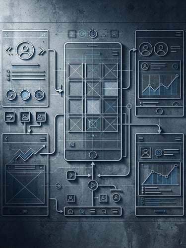 Top-down orthographic blueprint of a mobile application interface on a concrete drafting table, sharp dramatic side-lighting casting geometric shadows, slate tones.