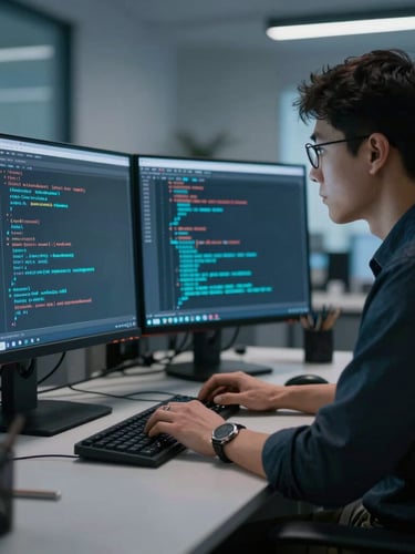 Fotografía editorial de un ingeniero de software en una oficina de tonos fríos y alto contraste, analizando estructuras de datos complejas en un monitor, lente de 35mm, enfoque nítido.