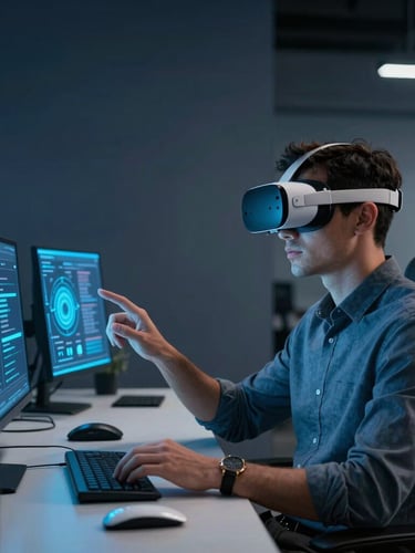 Fotografía de un espacio de trabajo moderno con iluminación sutil en azul eléctrico, un profesional concentrado utilizando un visor de realidad aumentada para interactuar con interfaces digitales.