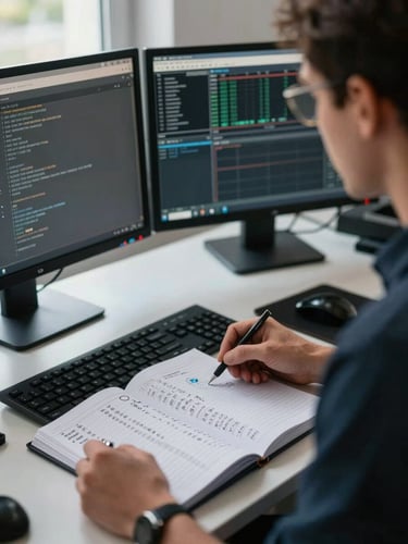 Close medium shot of a trader's dual-monitor desk setup during a live session, handwritten trade journal open in foreground with position sizing calculations visible, cool daylight from a window to the left, high contrast, no smiling faces