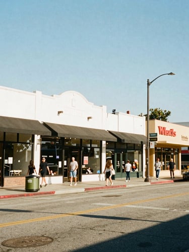 Street-level view of Sawtelle Boulevard storefronts in bright Southern California afternoon sun, pedestrians walking, warm 35mm film look