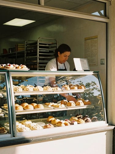 A medium shot of a local bakery owner placing fresh pastries in a display case, warm afternoon sun streaming through the window, 35mm film look.