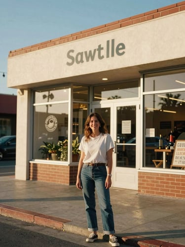 A warm editorial portrait of a smiling local business owner standing outside their storefront on Sawtelle Boulevard, bright Southern California golden-hour daylight casting soft shadows, rich natural colors, 35mm film look.