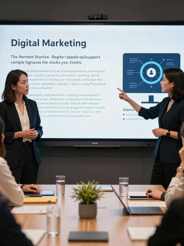 Wide environmental shot of a modern Indonesian corporate boardroom, collaborative team of executives analyzing data visualization on a large digital screen, cool natural daylight with subtle blue screen reflections.