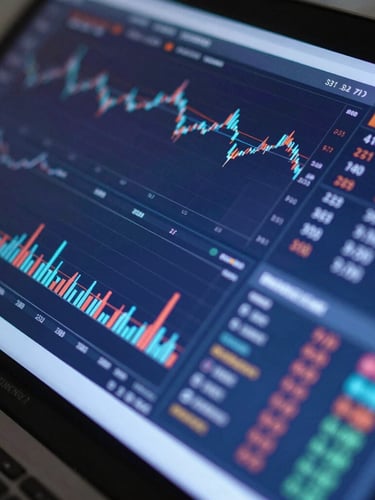Close-up macro shot of a high-resolution digital dashboard displaying complex market analytics and demographic charts, cool blue and violet screen glow reflecting off a clean dark glass surface, precise corporate technology aesthetic.