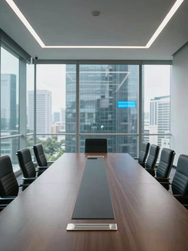 Wide angle shot of a modern Jakarta corporate boardroom with cool natural daylight, glass walls reflecting subtle blue screen light, clean and professional setting.