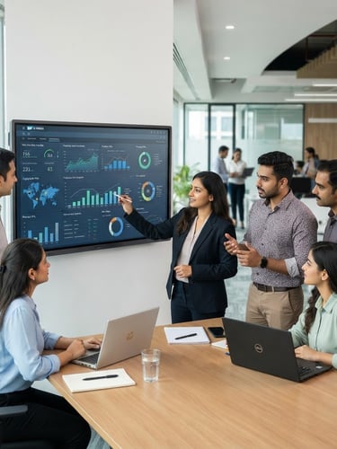Professional Indian corporate environment, diverse team collaborating around a large screen displaying SAP S/4HANA dashboard with AI integration elements, bright office lighting, sharp focus.