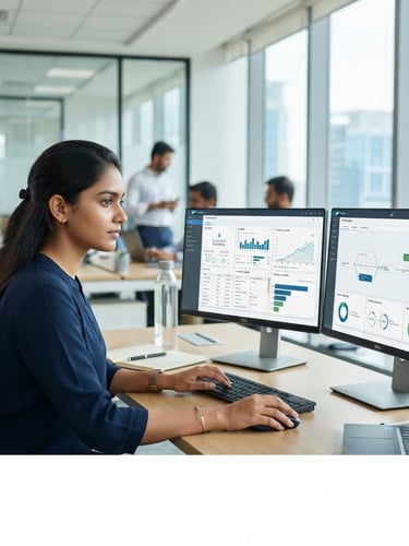 Professional Indian corporate setting, focused student working on a dual-monitor setup showing an SAP S/4HANA dashboard with AI integration elements, bright office lighting, sharp focus.