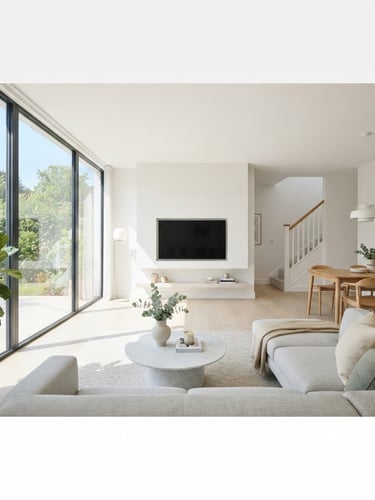 Wide-angle view of a modern, sunlit living room, impeccably clean, with light streaming through large windows, white walls, and minimalist decor, high-key, natural morning daylight.