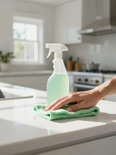 Professional cleaner meticulously wiping a sunlit kitchen counter with eco-friendly products, blurred background of a modern Salt Lake City home, bright high-key interior photography, natural morning daylight, clean white and soft green tones, sharp focus, architectural digest style