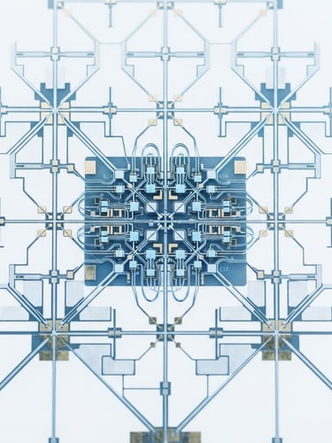 High-key minimalist technology photography, pure white background, crisp silver and ice-blue lighting, macro details of a flawless quantum computing lattice, 35mm