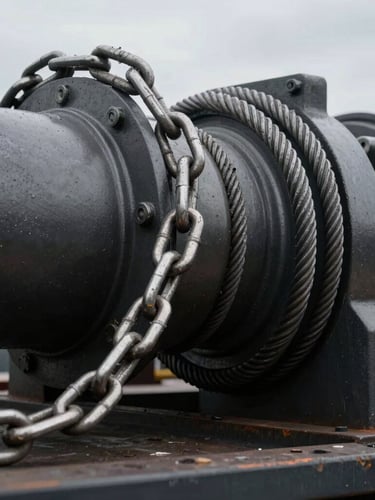 Macro detail of heavy steel tension chains securing a massive industrial component on a flatbed, high-contrast metallic tones, sharp details, 35mm lens